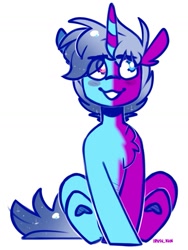 Size: 1069x1420 | Tagged: safe, artist:lrusu, derpibooru import, oc, oc only, pony, unicorn, artfight, blush sticker, blushing, chest fluff, gradient mane, gradient tail, horn, simple background, sitting, smiling, solo, sparkly mane, sparkly tail, striped horn, tail, white background