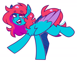 Size: 1703x1367 | Tagged: safe, artist:lrusu, derpibooru import, oc, oc only, oc:cyan, pegasus, pony, artfight, blush lines, blush sticker, blushing, chest fluff, colored wings, colored wingtips, fangs, folded wings, lidded eyes, looking at you, multicolored wings, open mouth, purple eyes, simple background, smiling, solo, white background, wings