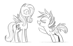 Size: 1010x639 | Tagged: safe, artist:mellodillo, derpibooru import, fluttershy, rainbow dash, pegasus, pony, duo, female, filly, filly fluttershy, filly rainbow dash, foal, grayscale, height difference, looking at each other, looking at someone, monochrome, pointing, simple background, smoldash, tallershy, white background, younger