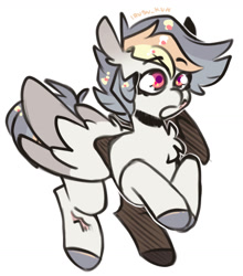 Size: 1274x1448 | Tagged: safe, artist:lrusu, derpibooru import, oc, oc only, pegasus, pony, chest fluff, colored hooves, colored wings, colored wingtips, ear fluff, ears, facial scar, leg scar, multicolored wings, open mouth, partially open wings, pink eyes, scar, simple background, solo, white background, wings