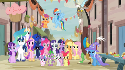 Size: 1920x1080 | Tagged: safe, derpibooru import, edit, edited screencap, editor:incredibubbleirishguy, screencap, apple bloom, applejack, discord, fluttershy, pinkie pie, princess cadance, princess celestia, princess flurry heart, princess luna, rainbow dash, rarity, scootaloo, shining armor, spike, starlight glimmer, sweetie belle, trixie, twilight sparkle, twilight sparkle (alicorn), alicorn, draconequus, dragon, earth pony, pegasus, pony, unicorn, to where and back again, 1000 years in photoshop, alicorn pentarchy, alternate scenario, balloon, bunting, cake, crown, cupcake, cutie mark crusaders, female, filly, foal, food, group, group photo, group picture, group shot, happy, jewelry, looking at you, male, mane eight, mane seven, mane six, our town, pie, princess, regalia, royalty, scootaloo can fly, smiling, stallion, starlight's village, tiara, winged spike, wings