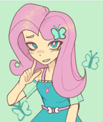 Size: 340x401 | Tagged: safe, artist:krillchi, derpibooru import, fluttershy, human, equestria girls, belt, blushing, cute, female, fluttershy boho dress, green background, grin, shyabetes, simple background, smiling, solo