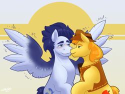 Size: 3600x2700 | Tagged: safe, artist:daotterguy, derpibooru import, braeburn, soarin', earth pony, pegasus, pony, animated, blushing, boop, duo, gay, hat, male, noseboop, shipping, simple background, sitting, soarburn, spread wings, stallion, sweat, sweatdrop, thick eyebrows, vibrating, wingboner, wings, yellow background