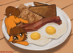 Size: 1425x1038 | Tagged: safe, artist:marsminer, derpibooru import, oc, oc only, oc:venus spring, pony, unicorn, bacon, breakfast, brown hair, brown mane, brown tail, cheek squish, cute, ears, ears back, egg, female, floppy ears, food, hidden horn, horn, looking at you, looking up, looking up at you, mare, marsminer is trying to murder us, meat, orange coat, orange eyes, orange fur, person as food, plate, pony oc, sad, sadorable, signature, small horn, solo, squishy cheeks, tail, tiny, tiny ponies, unicorn oc