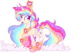 Size: 1280x962 | Tagged: safe, artist:shebasoda, derpibooru import, oc, oc only, oc:queencess rainbowheart glittercake, alicorn, pony, alicorn oc, bipedal, bracelet, cloud, colored eyelashes, colored pupils, colored wings, crown, ethereal mane, ethereal tail, female, folded wings, gradient horn, gradient legs, gradient wings, happy, heart, horn, jewelry, looking up, mare, multicolored eyes, multicolored hair, open mouth, peytral, rainbow hair, rainbow tail, regalia, simple background, smiling, solo, sparkly mane, sparkly tail, tail, tail jewelry, transparent background, wings