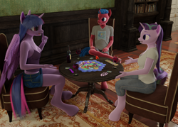 Size: 1792x1280 | Tagged: safe, artist:stellarator, derpibooru import, starlight glimmer, twilight sparkle, twilight sparkle (alicorn), oc, oc:juicebox, alicorn, anthro, unguligrade anthro, unicorn, comic:a morning with the night, 3d, blender, blender cycles, board game, comic, cycles render