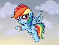 Size: 4194x3251 | Tagged: safe, artist:background basset, derpibooru import, rainbow dash, pegasus, pony, cloud, coffee, coffee mug, cute, dashabetes, emanata, flying, mug, solo, spread wings, wings