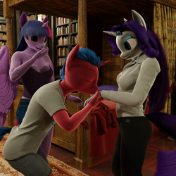 Size: 1620x1620 | Tagged: safe, artist:stellarator, derpibooru import, rarity, twilight sparkle, twilight sparkle (alicorn), oc, oc:juicebox, alicorn, anthro, unguligrade anthro, comic:a morning with the night, 3d, blender, blender cycles, canon x oc, comic, cycles render, female, hand kiss, male, shipping, straight