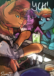 Size: 2480x3508 | Tagged: safe, artist:sinrinf, derpibooru import, oc, alicorn, pegasus, pony, unicorn, alcohol, bartender, cocktail, commission, drink, sketch, your character here
