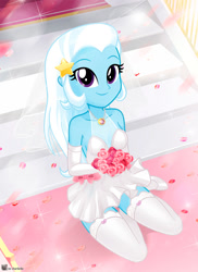 Size: 888x1221 | Tagged: safe, artist:charliexe, derpibooru import, trixie, equestria girls, alternate hairstyle, clothes, cute, diatrixes, dress, evening gloves, female, flower, gloves, kneeling, long gloves, marriage, socks, solo, stockings, thigh highs, wedding, wedding dress