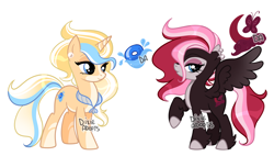 Size: 3664x2080 | Tagged: safe, artist:dixieadopts, derpibooru import, oc, oc only, oc:bubble beam, oc:moon glider, pegasus, pony, unicorn, bald face, blaze (coat marking), blue eyes, body markings, coat markings, collar, colored eartips, colored hooves, colored muzzle, colored wings, cyan eyes, duo, ear piercing, earring, facial markings, female, gradient mane, gradient tail, gradient wings, jewelry, leg fluff, lidded eyes, mare, pale belly, parent:fluttershy, parent:oc:nozzle, parent:oc:rock, parent:trixie, parents:canon x oc, piercing, raised hoof, raised leg, simple background, socks (coat marking), spread wings, standing, tail, transparent background, wings