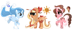 Size: 5659x2321 | Tagged: safe, artist:dixieadopts, derpibooru import, oc, oc only, oc:creamy parade, oc:ocean wave, oc:sunny caramel, pegasus, pony, unicorn, anklet, bipedal, blue eyes, bow, coat markings, collar, colored eartips, colored hooves, colored wings, female, food, freckles, gradient wings, hat, horn, jewelry, leg freckles, lidded eyes, looking at you, magical lesbian spawn, mare, necklace, offspring, parent:applejack, parent:donut joe, parent:fluttershy, parent:pinkie pie, parent:trixie, parent:vapor trail, parents:appleshy, parents:pinkiejoe, partially open wings, ponytail, red eyes, simple background, socks (coat marking), sprinkles, standing, striped horn, sun hat, sunglasses, tail, tail bow, transparent background, trio, watermark, wings