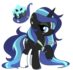 Size: 2000x1927 | Tagged: safe, artist:dixieadopts, derpibooru import, oc, oc:midnight facade, pony, unicorn, blaze (coat marking), blue eyes, coat markings, colored hooves, ear piercing, earring, facial markings, female, freckles, horn, jewelry, long mane, looking at you, mare, necklace, parent:oc, parent:shining armor, parents:canon x oc, piercing, raised hoof, raised leg, simple background, skull, smiling, socks (coat marking), solo, standing, transparent background, unicorn oc, unshorn fetlocks