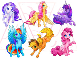 Size: 900x696 | Tagged: safe, artist:leashe, derpibooru import, applejack, fluttershy, pinkie pie, rainbow dash, rarity, twilight sparkle, twilight sparkle (alicorn), alicorn, earth pony, pegasus, pony, unicorn, female, mane six, mare, obtrusive watermark, simple background, spread wings, watermark, white background, wings, wings down