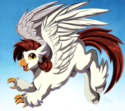Size: 3189x2830 | Tagged: safe, artist:pridark, derpibooru import, oc, oc only, hippogriff, flying, happy, sky, solo