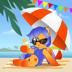 Size: 5000x5000 | Tagged: safe, artist:jhayarr23, derpibooru import, oc, oc only, oc:solar aura, pegasus, beach, beach ball, beach towel, clothes, commission, commissioner:solar aura, drink, drinking straw, pegasus oc, sunglasses, swimsuit, ych result