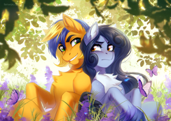 Size: 3507x2480 | Tagged: safe, artist:fenwaru, derpibooru import, oc, oc:lunar flame, oc:tundra, pegasus, pony, back to back, chest fluff, cuddling, cute, foliage, grin, outdoors, smiling, tsundere, unshorn fetlocks