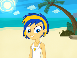 Size: 1133x850 | Tagged: safe, artist:mlpfan3991, derpibooru import, oc, oc only, oc:flare spark, human, equestria girls, beach, clothes, cutie mark, cutie mark on clothes, female, jewelry, necklace, palm tree, shirt, sky, sleeveless, smiling, solo, sun, tanktop, tomboy, tree