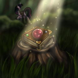 Size: 1000x1000 | Tagged: safe, artist:opal2023, derpibooru import, twilight sparkle, pony, unicorn, book, forest, hunting, light, painting, solo, tree stump