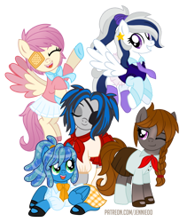 Size: 842x1000 | Tagged: safe, artist:jennieoo, derpibooru import, oc, oc only, oc:gentle star, oc:katysha snow, oc:milky way, oc:ocean soul, oc:shadow dweller, earth pony, pegasus, pony, braid, clothes, eyepatch, eyes closed, happy, laughing, looking at you, one eye closed, ponytail, ribbon, school uniform, show accurate, simple background, skirt, smiling, smiling at you, transparent background, vector, wink