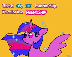 Size: 2048x1620 | Tagged: safe, artist:petaltwinkle, derpibooru import, twilight sparkle, twilight sparkle (alicorn), alicorn, pony, female, mare, no pupils, simple background, smiling, solo, sparkles, spread wings, text, wings, yellow background