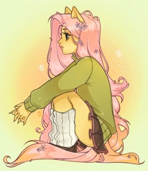 Size: 1536x1781 | Tagged: safe, artist:mikashiyaa, derpibooru import, fluttershy, human, clothes, eared humanization, female, flower, flower in hair, hands together, humanized, leg warmers, pony coloring, skirt, solo, squatting, sweater