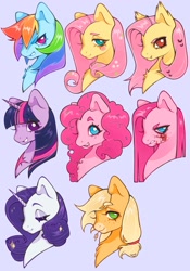 Size: 1431x2048 | Tagged: safe, artist:mikashiyaa, derpibooru import, applejack, fluttershy, pinkie pie, rainbow dash, rarity, twilight sparkle, bat, bat pony, earth pony, pegasus, pony, unicorn, bat ponified, blood, blue background, blush sticker, blushing, bust, coat markings, eyes closed, facial markings, female, flower, flower in hair, flutterbat, food, freckles, gritted teeth, lidded eyes, looking back, mane six, mare, open mouth, open smile, pinkamena diane pie, race swap, simple background, smiling, snip (coat marking), sparkles, sprinkles, straw in mouth, teeth