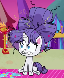 Size: 345x417 | Tagged: safe, derpibooru import, screencap, rarity, pony, unicorn, g4.5, my little pony: pony life, what goes updo, spoiler:pony life s02e17, blue eyes, cropped, female, hairstyle, long hair, long mane, mare, messy mane, purple hair, purple mane, purple tail, sitting, solo, tail, teeth
