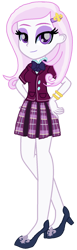 Size: 592x1924 | Tagged: safe, artist:rainbowstarcolour262, derpibooru import, fleur-de-lis, human, equestria girls, friendship games, barrette, bowtie, bracelet, clothes, crystal prep academy uniform, crystal prep shadowbolts, eyeshadow, female, hair accessory, hand on hip, high heels, jewelry, lip gloss, makeup, pink hair, plaid skirt, pleated skirt, purple eyes, school uniform, shirt, shoes, simple background, skirt, solo, transparent background