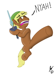 Size: 1620x2160 | Tagged: safe, artist:jesslmc16, derpibooru import, quarter hearts, earth pony, pony, coat markings, hoof hold, jumping, link, male, master sword, one leg raised, signature, simple background, stallion, the legend of zelda, video game, white background