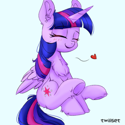Size: 1080x1080 | Tagged: safe, artist:twiliset, derpibooru import, twilight sparkle, twilight sparkle (alicorn), alicorn, pony, blue background, blushing, chest fluff, cute, daaaaaaaaaaaw, ear fluff, ears, eyebrows, eyebrows visible through hair, eyes closed, female, floating heart, fluffy, folded wings, frog (hoof), happy, heart, horn, mare, open mouth, open smile, signature, simple background, sitting, smiling, solo, twiabetes, underhoof, wings