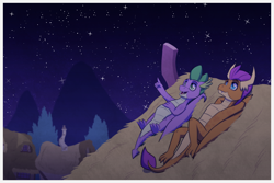 Size: 1772x1181 | Tagged: safe, artist:inuhoshi-to-darkpen, derpibooru import, smolder, spike, dragon, commission, looking up, lying down, night, on back, open mouth, ponyville, rooftop, stargazing, stars, winged spike, wings