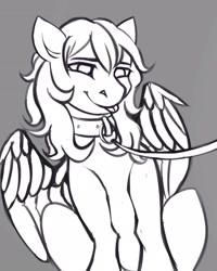 Size: 1725x2160 | Tagged: safe, artist:obscured, derpibooru import, oc, oc only, pegasus, pony, :p, collar, cute, leash, monochrome, pet play, solo, tongue, tongue out