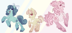 Size: 1316x607 | Tagged: safe, artist:bishopony, derpibooru import, oc, oc only, oc:banana split, oc:blueberry burst, oc:strawberry swirl, earth pony, pony, bow, bowtie, clothes, female, hair bow, mare, offspring, parent:cheese sandwich, parent:pinkie pie, parents:cheesepie, shirt, siblings, sisters, trio