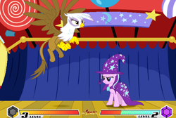 Size: 616x413 | Tagged: safe, derpibooru import, gilda, starlight glimmer, trixie, fighting is magic, cancelled, flying, mega, palette swap, recolor, trixie's wagon, wagon