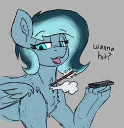 Size: 663x682 | Tagged: safe, artist:reddthebat, derpibooru import, oc, oc only, oc:alaska (reddthebat), ghost, ghost pony, pony, arrow, chest fluff, electronic cigarette, eyebrows, eyebrows visible through hair, female, frog (hoof), gray background, hoof hold, lidded eyes, looking at you, mare, open mouth, open smile, simple background, smiling, smiling at you, solo, talking to viewer, underhoof, vape