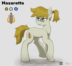 Size: 1631x1500 | Tagged: safe, artist:gantarts, derpibooru import, oc, oc only, oc:nazaretta, earth pony, pony, blue eyes, cutie mark, female, glasses, ponytail, raised hoof, raised leg, reference sheet, simple background, standing, white background