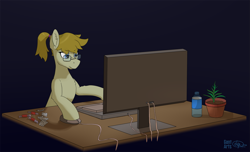 Size: 2475x1500 | Tagged: safe, artist:gantarts, derpibooru import, oc, oc only, oc:nazaretta, earth pony, pony, bottle, candy, computer, escii keyboard, female, food, glasses, plant, ponies with technology, ponytail, simple background, table