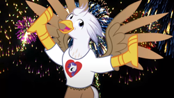 Size: 1280x720 | Tagged: safe, artist:mlp-silver-quill, derpibooru import, rarity, oc, oc:silver quill, after the fact, after the fact:radiant rarity, clothes, cute, fireworks, ocbetes, shirt, t-shirt