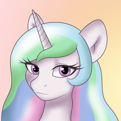 Size: 1024x1024 | Tagged: safe, ai content, artist:sparkfler85, derpibooru exclusive, derpibooru import, machine learning assisted, machine learning generated, part of a set, princess celestia, alicorn, pony, beautiful, bust, female, generator:thisponydoesnotexist, gradient background, portrait, redraw, solo