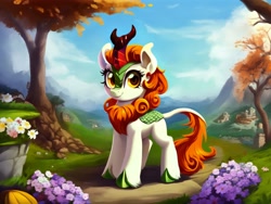 Size: 2048x1536 | Tagged: safe, ai content, derpibooru import, generator:pony diffusion v5, generator:stable diffusion, machine learning generated, autumn blaze, kirin, cute, female, flower, looking at you, mare, prompter:siber, scenery, smiling, smiling at you, solo, tree