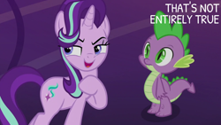 Size: 2000x1125 | Tagged: safe, derpibooru import, edit, edited screencap, editor:quoterific, screencap, spike, starlight glimmer, dragon, pony, unicorn, shadow play