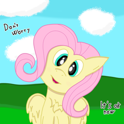 Size: 1356x1356 | Tagged: safe, artist:auro, derpibooru import, fluttershy, pegasus, pony, chest fluff, cute, looking at you, sitting, smiling, smiling at you, solo, talking, text, wholesome, wings