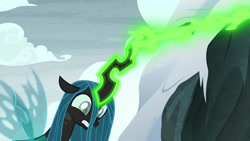 Size: 1000x563 | Tagged: safe, derpibooru import, edit, edited screencap, editor:incredibubbleirishguy, screencap, queen chrysalis, frenemies (episode), accessory-less edit, blank eyes, draining, magic drain, missing accessory, weak