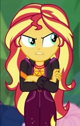 Size: 474x746 | Tagged: safe, derpibooru import, screencap, sunset shimmer, human, equestria girls, equestria girls series, sunset's backstage pass!, spoiler:eqg series (season 2), angry, cropped, crossed arms, cute, female, forest, madorable, shimmerbetes, solo, sunset shimmer is not amused, unamused