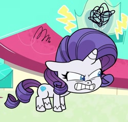 Size: 755x720 | Tagged: safe, derpibooru import, screencap, rarity, pony, unicorn, bad thing no. 3, g4.5, my little pony: pony life, angry, bags under eyes, cropped, ears back, emanata, eye wrinkles, female, gritted teeth, lightning, mare, rarity is not amused, solo, sugarcube corner, teeth, unamused, unshorn fetlocks