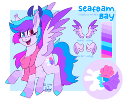 Size: 2500x2000 | Tagged: safe, artist:lionbun, derpibooru import, oc, oc:seafoam bay, pegasus, blue background, bow, character design, clothes, coat markings, colored hooves, colored wings, colored wingtips, cute, cyan eyes, ear tufts, female, flying, hair bow, heterochromia, light blue background, looking at you, mare, multicolored wings, open mouth, pegasus oc, pink eyes, ponytail, reference sheet, scarf, simple background, smiling, smiling at you, socks (coat marking), spread wings, tongue, tongue out, wings