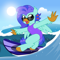 Size: 5000x5000 | Tagged: safe, artist:jhayarr23, derpibooru import, oc, oc only, oc:sea lilly, classical hippogriff, hippogriff, clothes, cloud, commission, ocean, sun, sunglasses, surfboard, surfing, swimsuit, water, wave, ych result