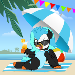 Size: 5000x5000 | Tagged: safe, artist:jhayarr23, derpibooru import, oc, oc only, oc:icebeak, classical hippogriff, hippogriff, beach, beach ball, clothes, drink, holding, leaf, looking at you, ocean, one eye closed, sunglasses, swimsuit, towel, umbrella, water, wink, winking at you