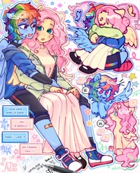 Size: 2238x2764 | Tagged: safe, artist:aj2020ahgd, derpibooru import, fluttershy, rainbow dash, anthro, pegasus, plantigrade anthro, pony, clothes, converse, cuddling, dialogue, dress, duo, duo female, eye clipping through hair, eyebrows, eyebrows visible through hair, eyes closed, eyes open, female, floating, flutterdash, flying, holding hands, hug, hug from behind, jacket, lesbian, letter, looking at each other, looking at someone, patch, pencil, shipping, shoes, shorts, signature, sitting, smiling, smiling at each other, sneakers, snuggling, spread wings, wings